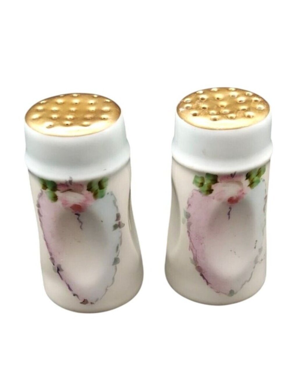 Porcelain Salt Pepper Shakers Hand Painted Pink Cameo Rose Floral Bavaria Vtg